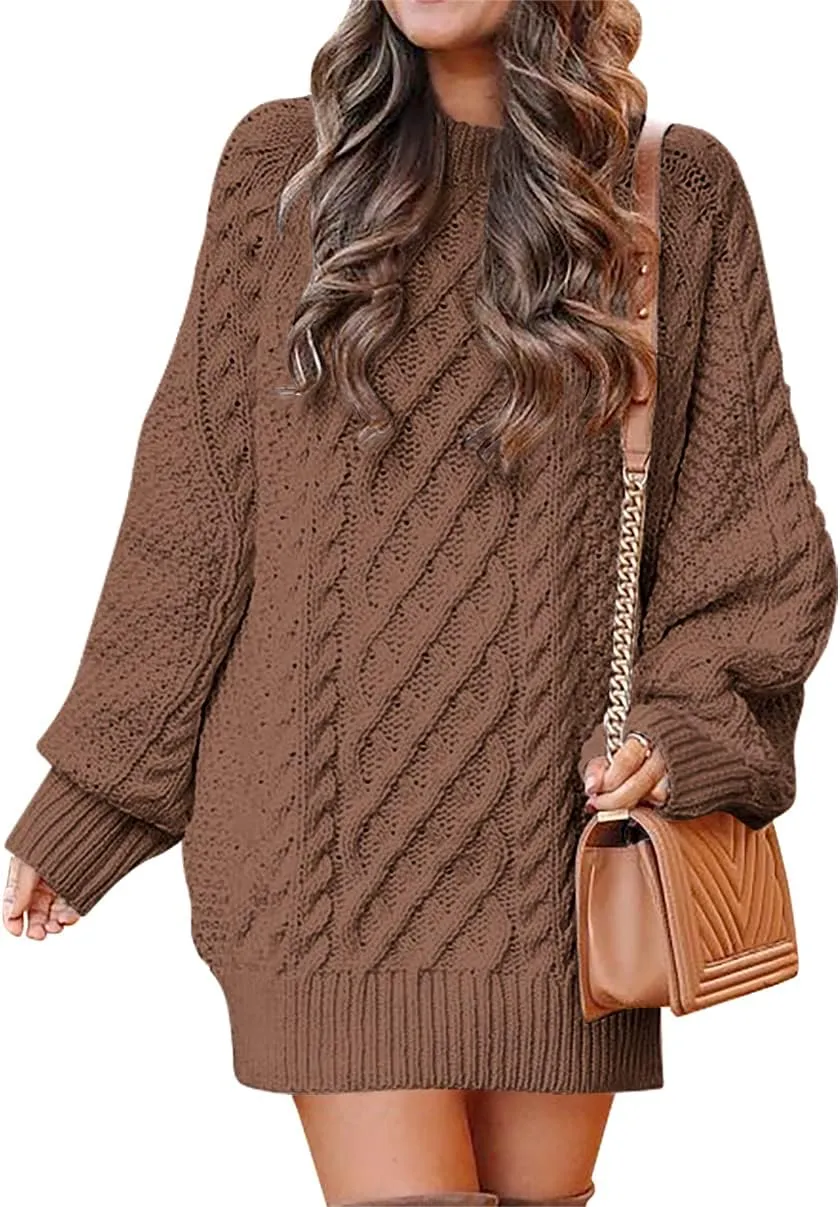 ANRABESS Women Long Sleeve Oversized Cable Knit Chunky Baggy Loose Pullover Tunic Mini Sweater Dress 2025 Trendy Fall Outfits