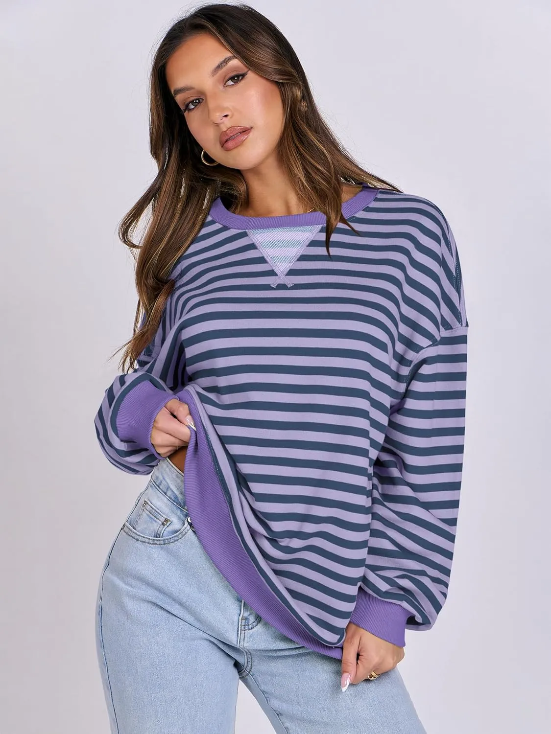 ANRABESS Women Striped Oversized Sweatshirt Crewneck Long Sleeve Shirts Hoodies 2025 Summer Fashion Pullover Top Y2K Outfits