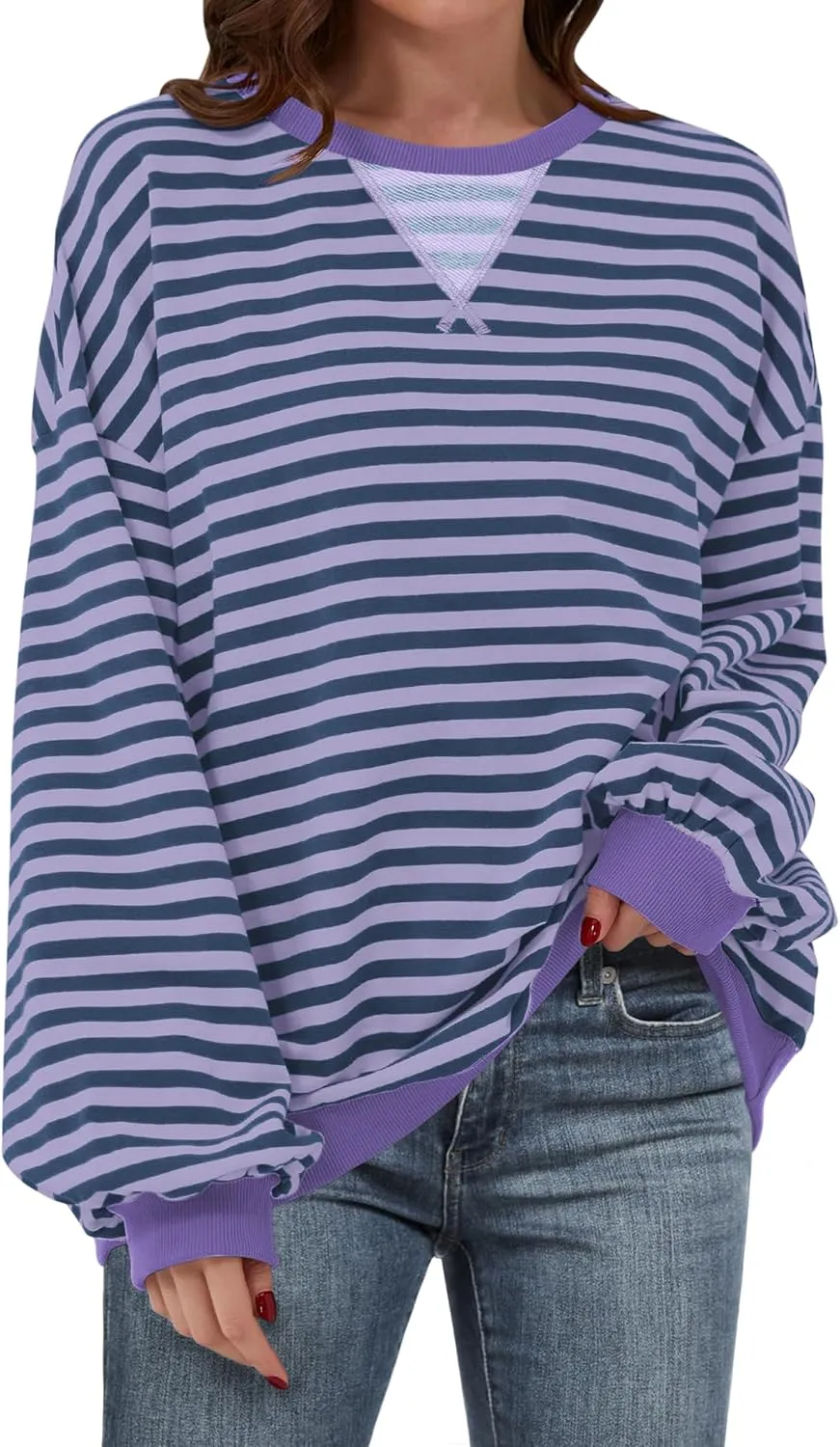 ANRABESS Women Striped Oversized Sweatshirt Crewneck Long Sleeve Shirts Hoodies 2025 Summer Fashion Pullover Top Y2K Outfits