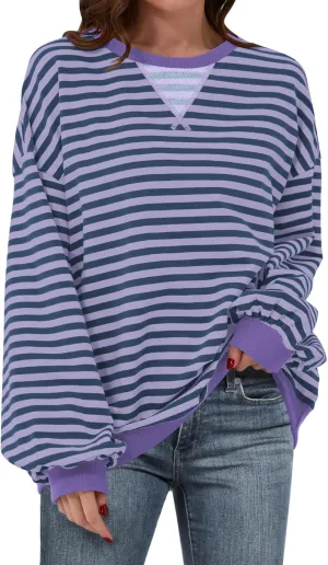 ANRABESS Women Striped Oversized Sweatshirt Crewneck Long Sleeve Shirts Hoodies 2025 Summer Fashion Pullover Top Y2K Outfits