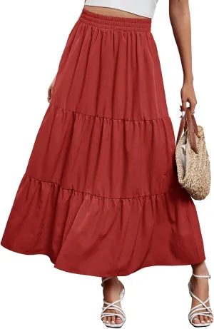 Arolina Maxi Skirt for Women Summer Boho Elastic High Waist Pleated A-Line Flowy Ruffle Swing Tiered Long Beach Skirt Dress