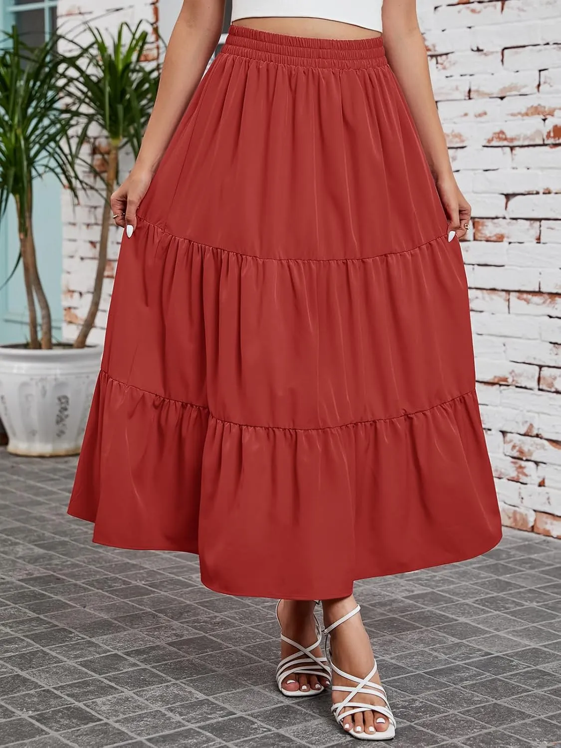 Arolina Maxi Skirt for Women Summer Boho Elastic High Waist Pleated A-Line Flowy Ruffle Swing Tiered Long Beach Skirt Dress