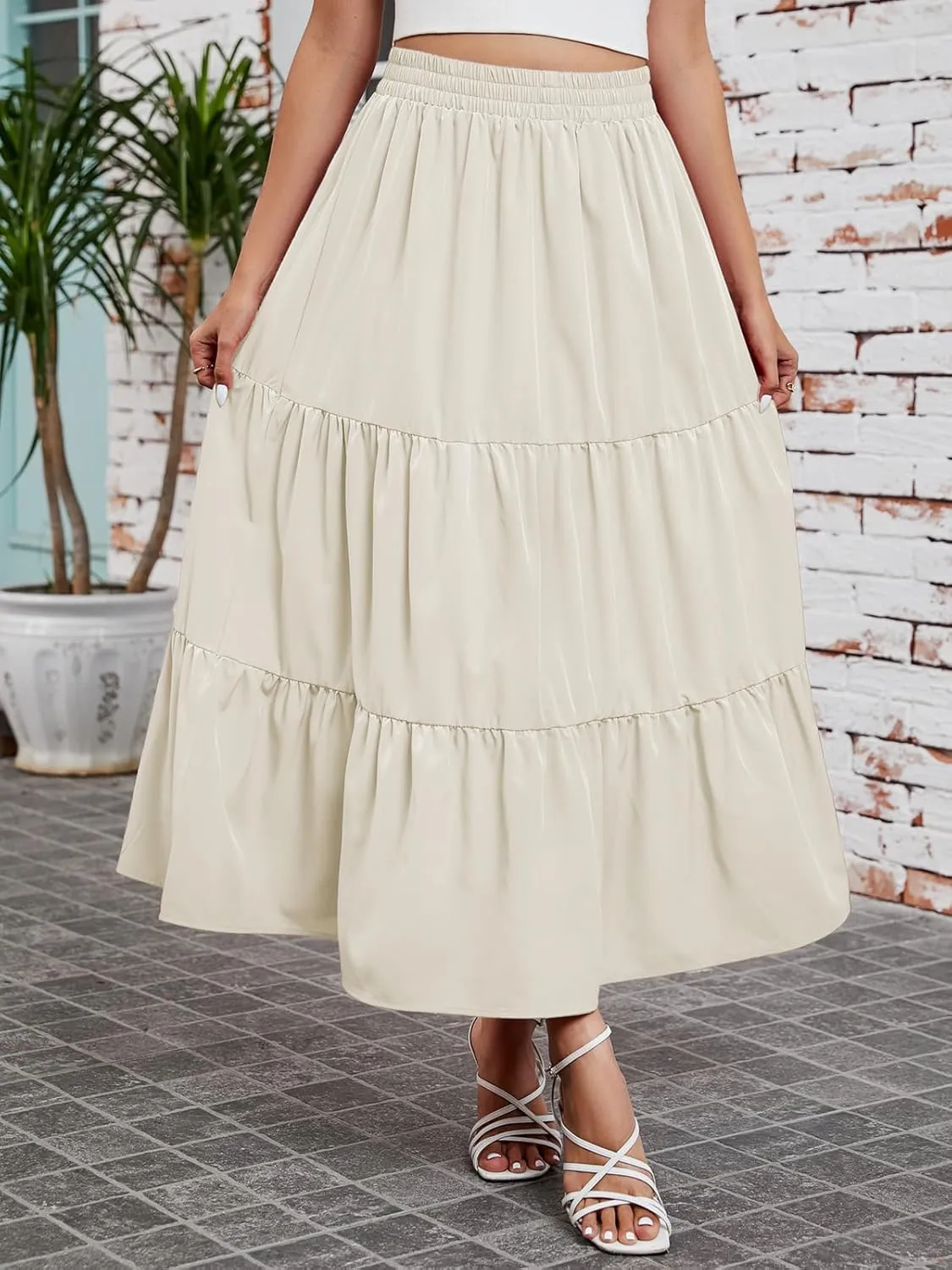 Arolina Maxi Skirt for Women Summer Boho Elastic High Waist Pleated A-Line Flowy Ruffle Swing Tiered Long Beach Skirt Dress