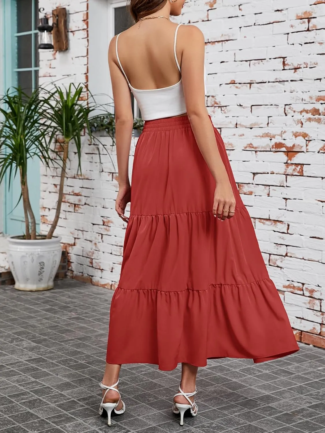 Arolina Maxi Skirt for Women Summer Boho Elastic High Waist Pleated A-Line Flowy Ruffle Swing Tiered Long Beach Skirt Dress