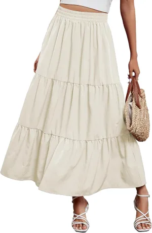 Arolina Maxi Skirt for Women Summer Boho Elastic High Waist Pleated A-Line Flowy Ruffle Swing Tiered Long Beach Skirt Dress