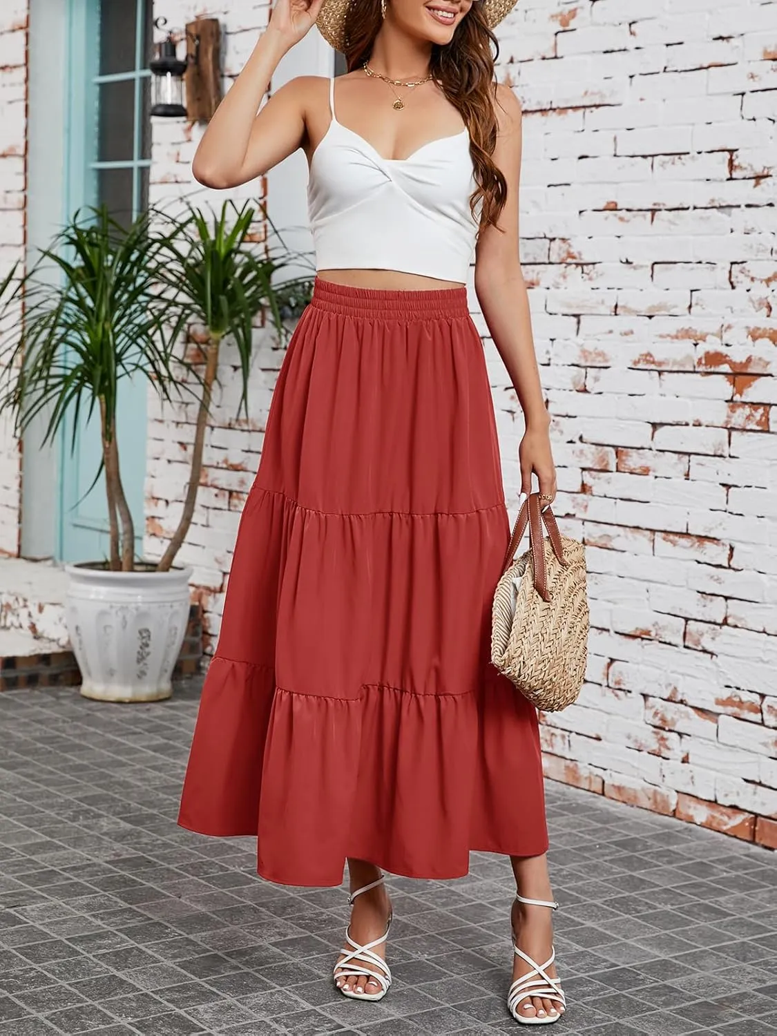 Arolina Maxi Skirt for Women Summer Boho Elastic High Waist Pleated A-Line Flowy Ruffle Swing Tiered Long Beach Skirt Dress