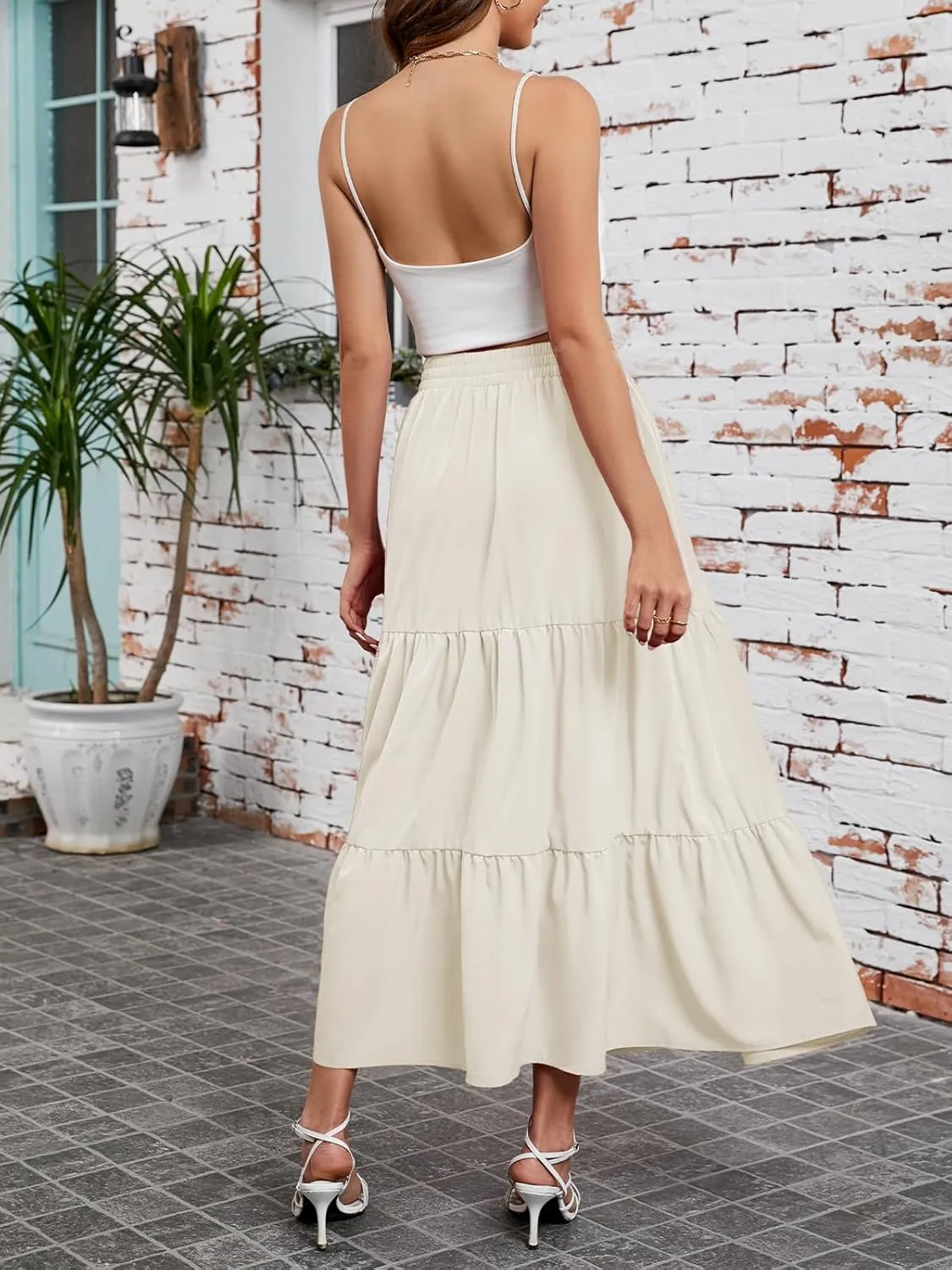 Arolina Maxi Skirt for Women Summer Boho Elastic High Waist Pleated A-Line Flowy Ruffle Swing Tiered Long Beach Skirt Dress