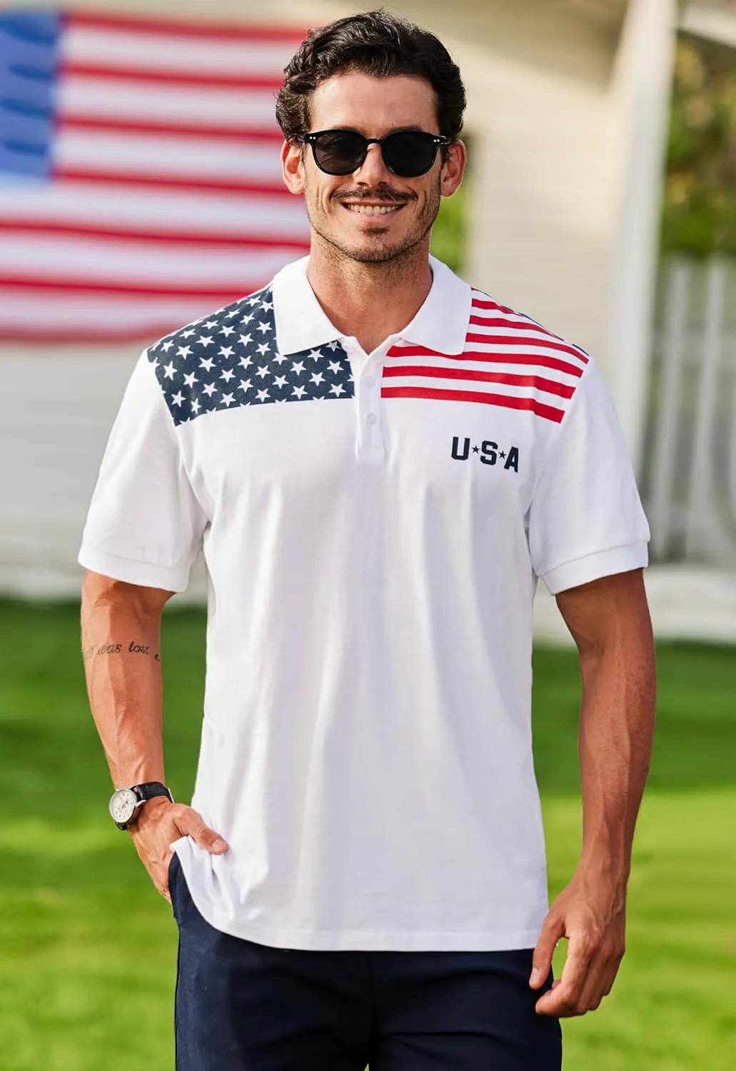 Arvilhill Men's American Flag Polo Shirts Short Sleeve 4th of July Cotton Golf Shirt (S-3XL)
