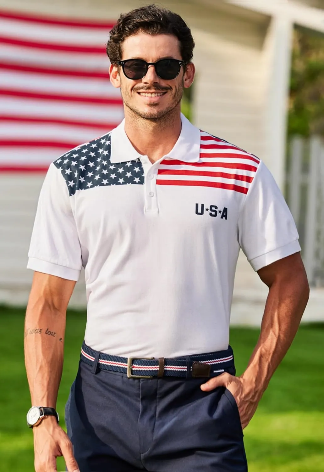 Arvilhill Men's American Flag Polo Shirts Short Sleeve 4th of July Cotton Golf Shirt (S-3XL)
