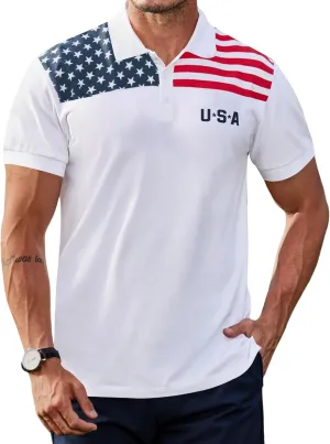 Arvilhill Men's American Flag Polo Shirts Short Sleeve 4th of July Cotton Golf Shirt (S-3XL)