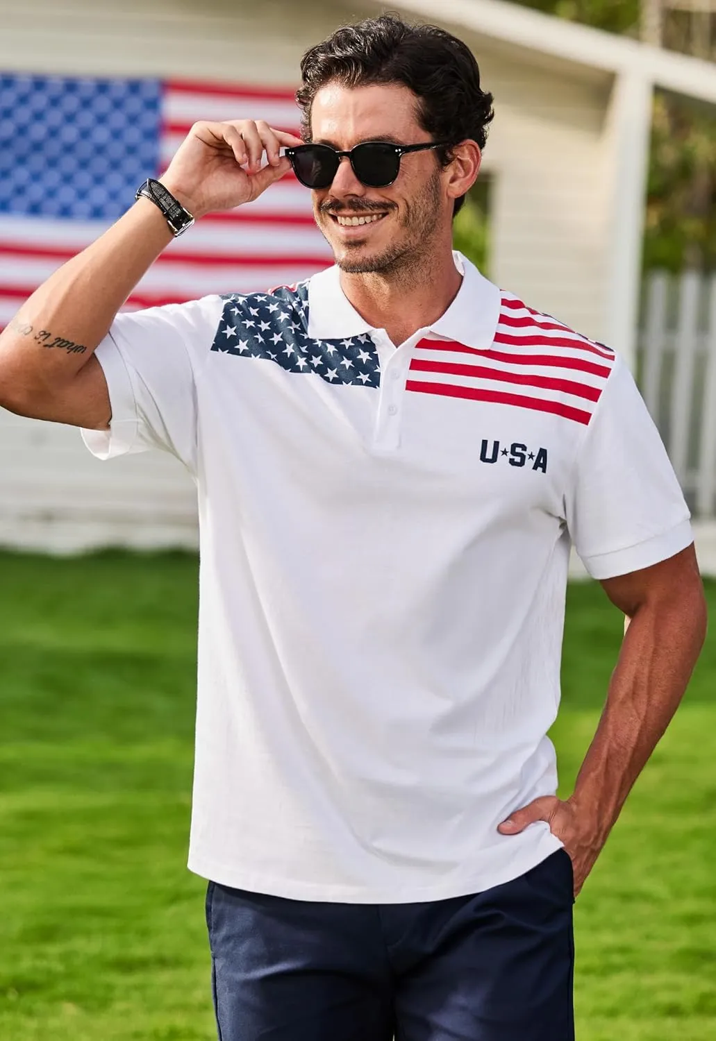 Arvilhill Men's American Flag Polo Shirts Short Sleeve 4th of July Cotton Golf Shirt (S-3XL)