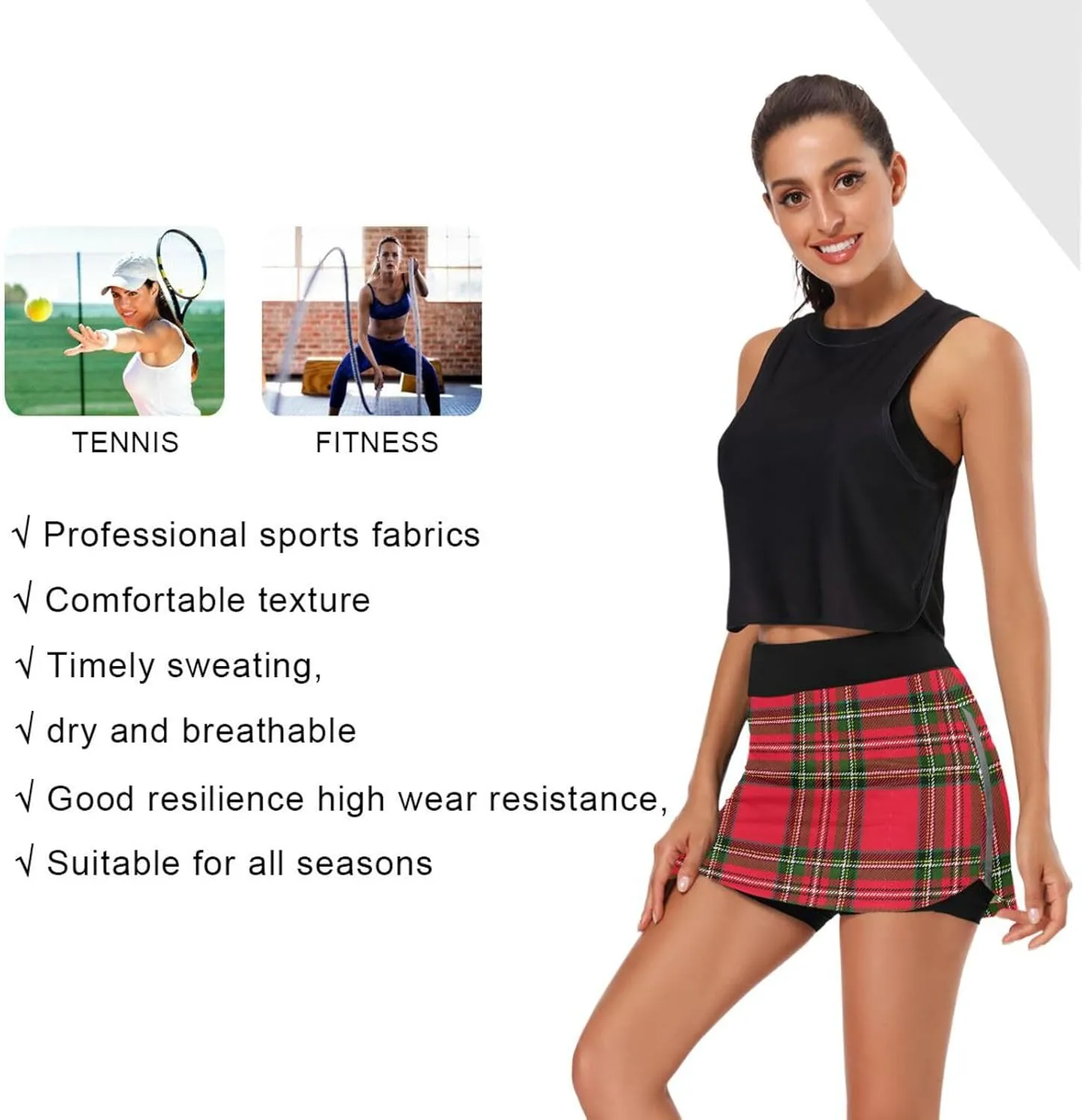 Athletic Tennis Golf Skorts Skirts for Women Red Green Plaid Workout Running Sports Skirts S