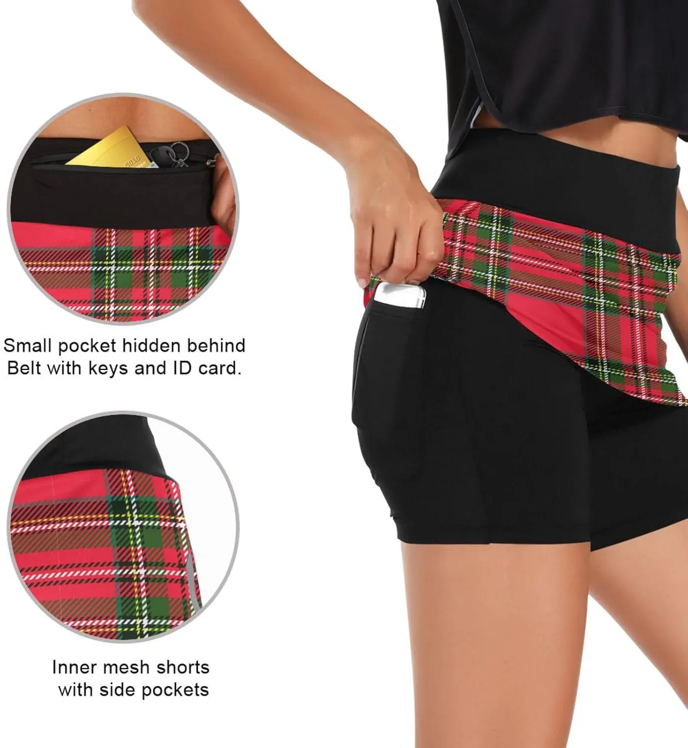 Athletic Tennis Golf Skorts Skirts for Women Red Green Plaid Workout Running Sports Skirts S