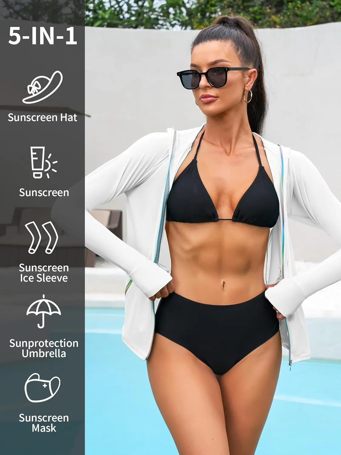 ATTRACO Rash Guard for Women Long Sleeve Swim Shirts Zip Up Hoodie with Thumb Hole & Side Pockets
