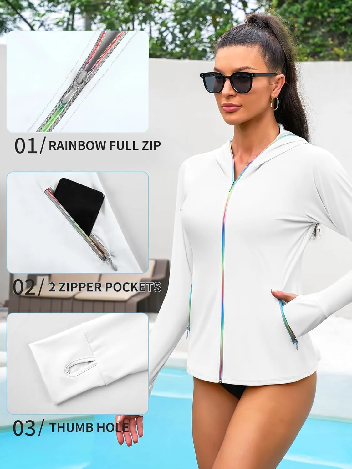 ATTRACO Rash Guard for Women Long Sleeve Swim Shirts Zip Up Hoodie with Thumb Hole & Side Pockets