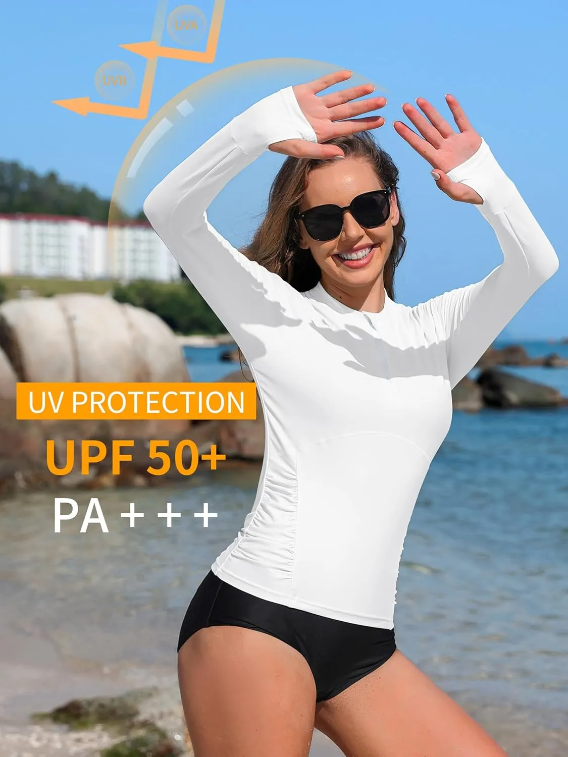 ATTRACO Women Rash Guard Long Sleeve Swimsuits UV UPF 50  Zipper Swim Shirt Quick Dry Sun Shirts