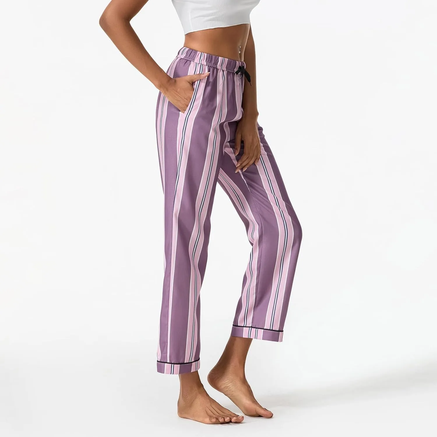 Awoscut Womens Wide Leg Striped Plaid Pants Casual Work Office Trouser High Waist Long Trousers Sweatpants Bottom Streetwear