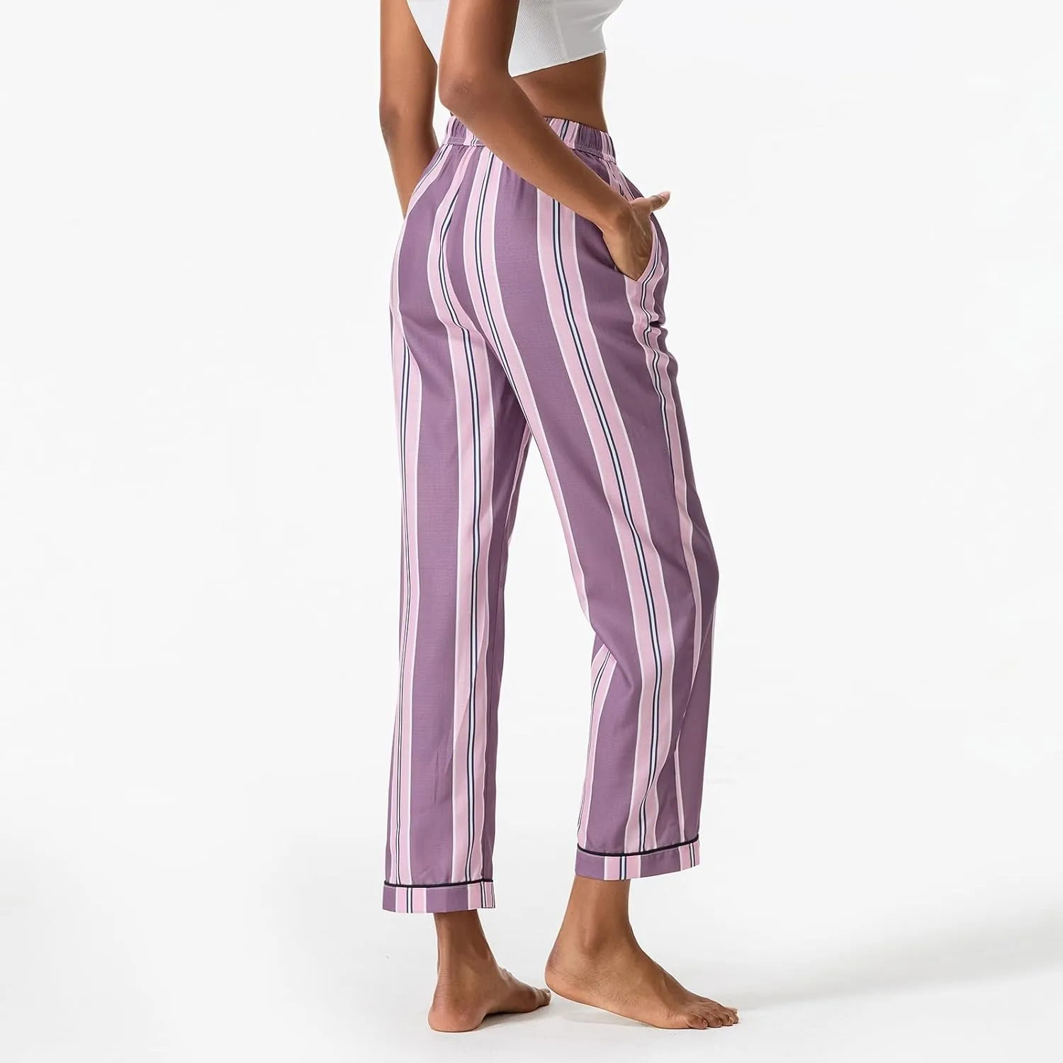 Awoscut Womens Wide Leg Striped Plaid Pants Casual Work Office Trouser High Waist Long Trousers Sweatpants Bottom Streetwear