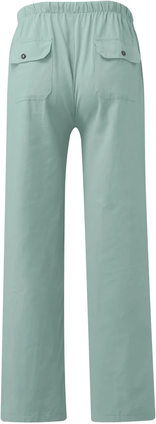 Aymnlox Mens Fall Casual Pants Cotton Linen Baggy Solid Trousers Big and Tall Straight Leg Sweatpants Drawstring Waist Pants