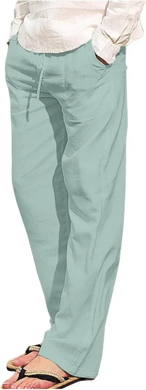 Aymnlox Mens Fall Casual Pants Cotton Linen Baggy Solid Trousers Big and Tall Straight Leg Sweatpants Drawstring Waist Pants