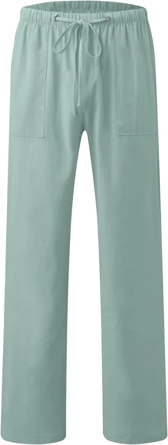 Aymnlox Mens Fall Casual Pants Cotton Linen Baggy Solid Trousers Big and Tall Straight Leg Sweatpants Drawstring Waist Pants