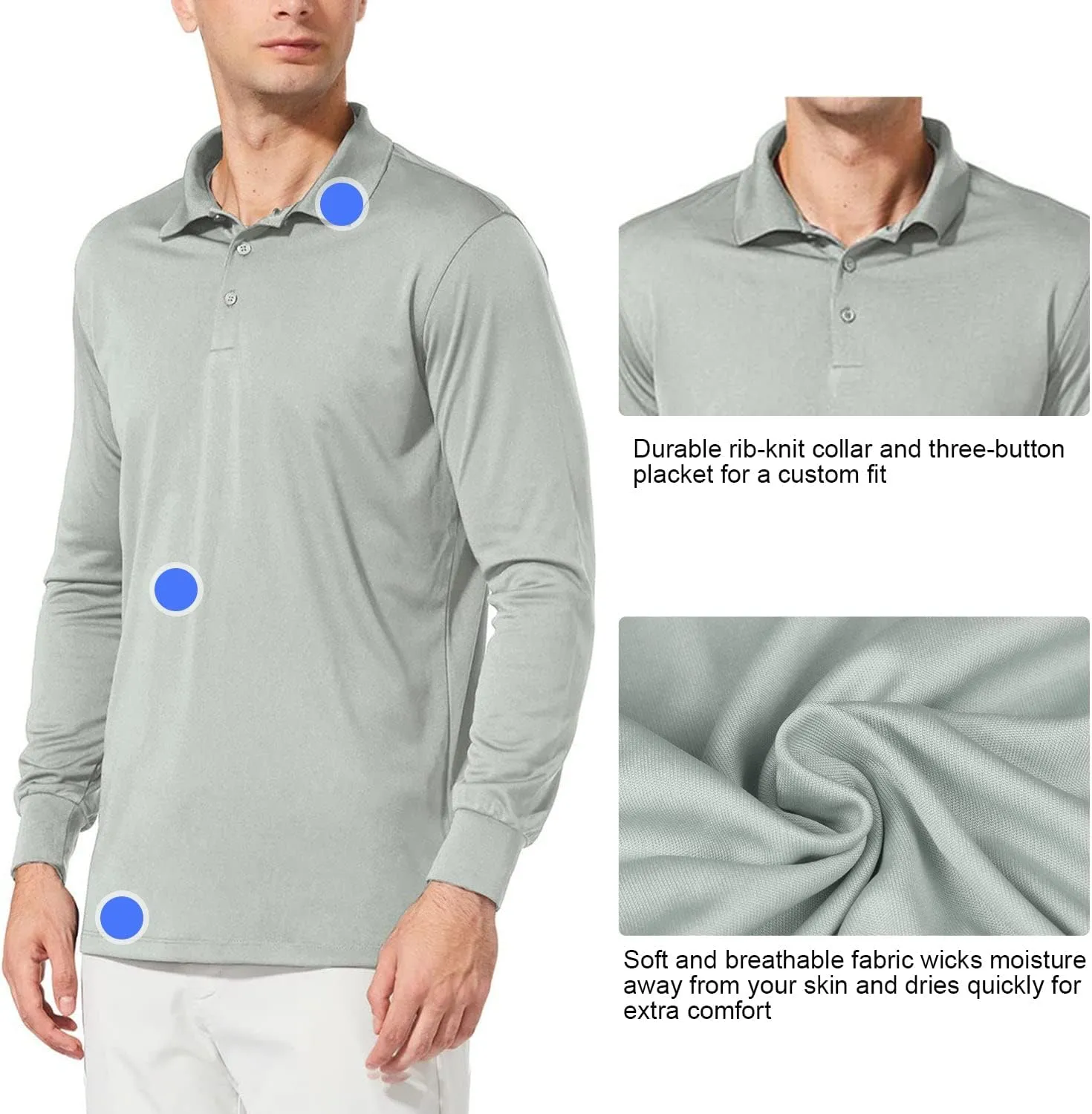 baleaf Men's Long Sleeve Golf Polo Shirt UPF 50 Quick Dry 3 Button Casual Work Outdoor Lightweight Performance Shirts