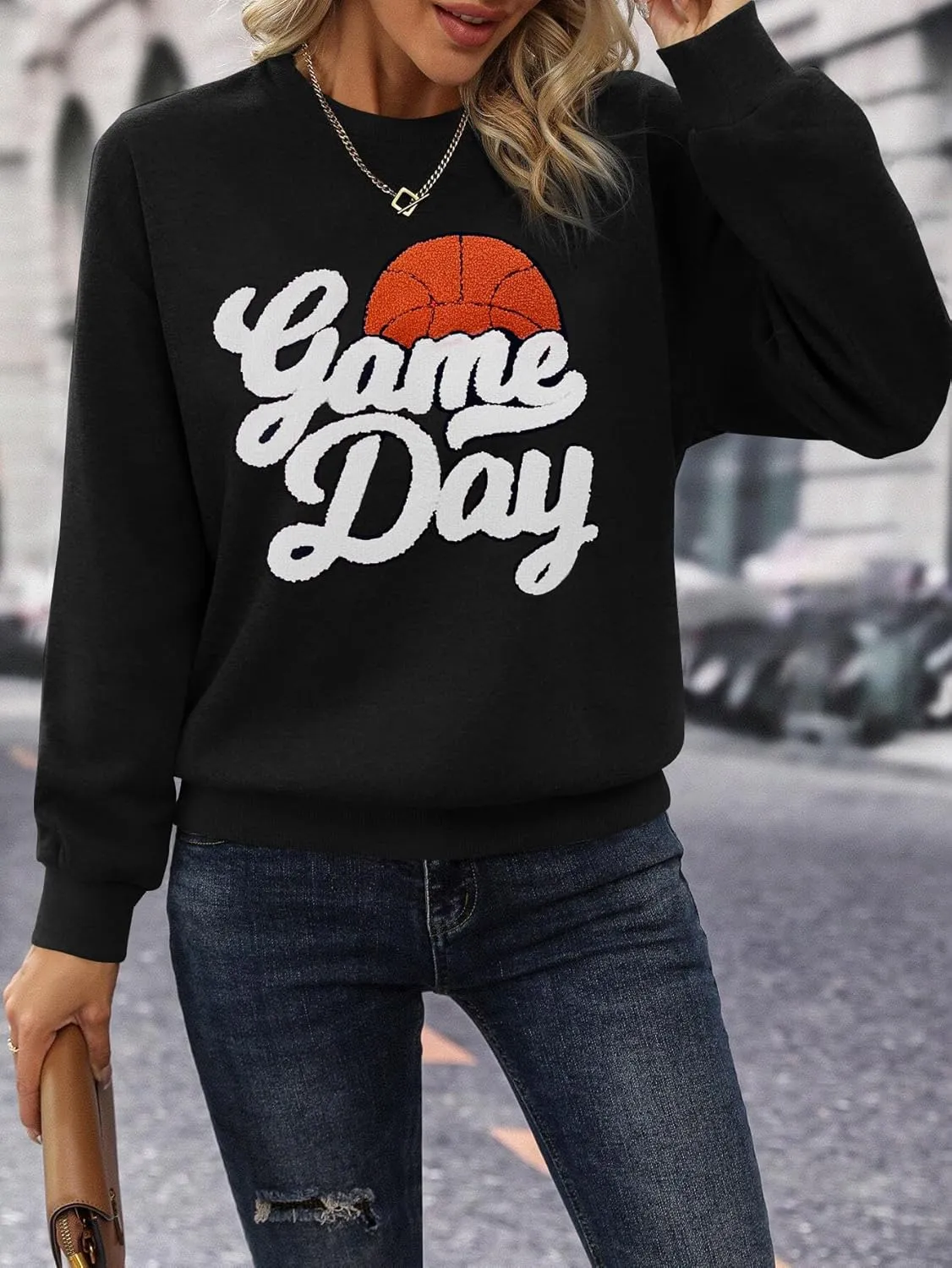 Basketball Game Day Sweatshirt for Women Game Day Chenille Patch Shirts Basketball Graphic Long Sleeve Tops