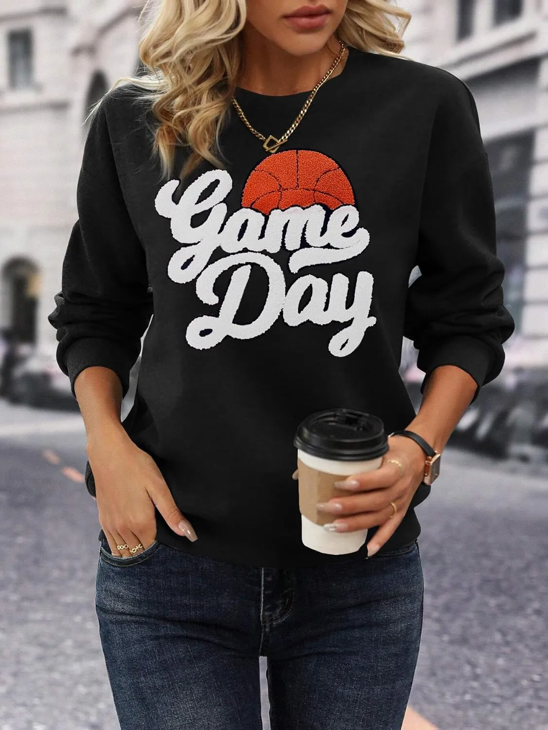 Basketball Game Day Sweatshirt for Women Game Day Chenille Patch Shirts Basketball Graphic Long Sleeve Tops