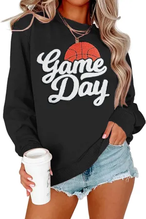 Basketball Game Day Sweatshirt for Women Game Day Chenille Patch Shirts Basketball Graphic Long Sleeve Tops