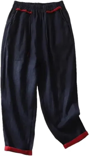 Bciopll Women Summer Elastic Waist Casual Cargo Pants High Street Pockets Patchwork Drawstring Hemp Ankle Length Trouser