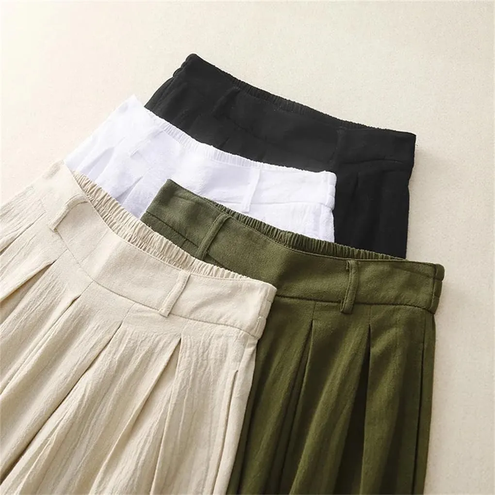 Bciopll Women's Summer Casual Loose Wide Legs Pants Elastic Waist Pleated Cropped Cotton Linen Ankle Trouser