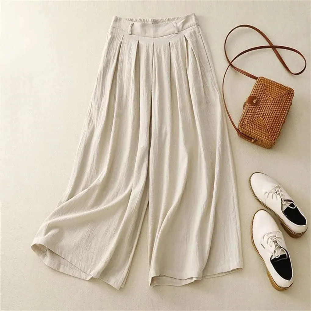Bciopll Women's Summer Casual Loose Wide Legs Pants Elastic Waist Pleated Cropped Cotton Linen Ankle Trouser