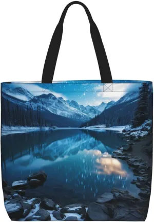 Beach Tote Bag for Women Grocery Bag Reusable Aesthetic Shopping Bags Moraine Lake in a starry winter night Handbag
