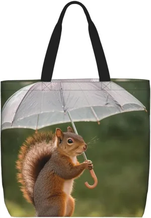 Beach Tote Bag for Women Grocery Bag Reusable Aesthetic Shopping Bags Squirrel Hold A Umbrellas Handbag