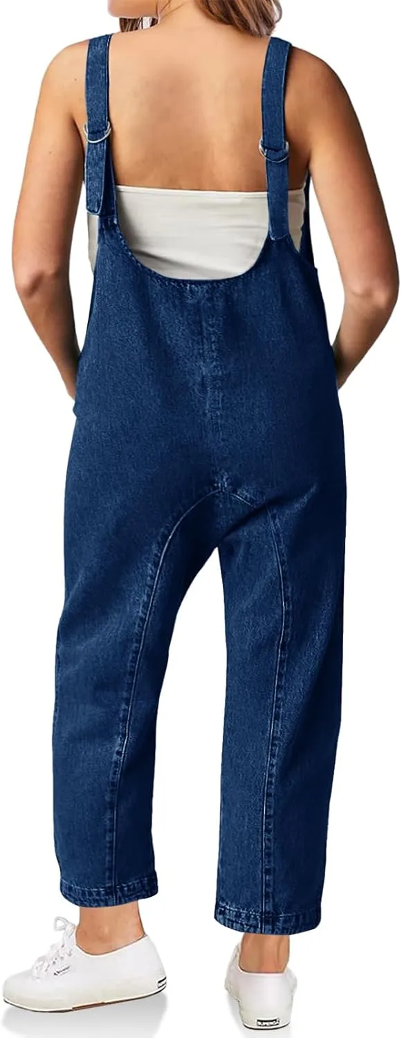 Beautife Womens Plus Size Denim Jumpsuits Casual Loose Sleeveless V Neck Jeans Overalls Jumpsuits