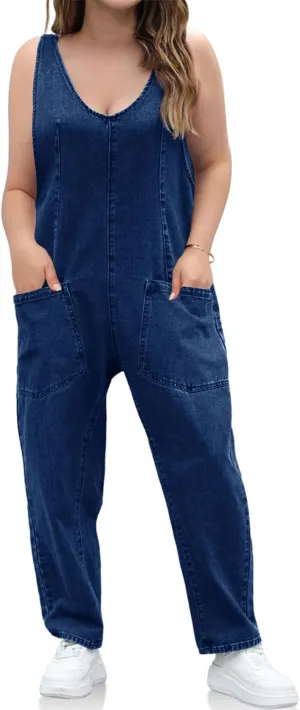 Beautife Womens Plus Size Denim Jumpsuits Casual Loose Sleeveless V Neck Jeans Overalls Jumpsuits