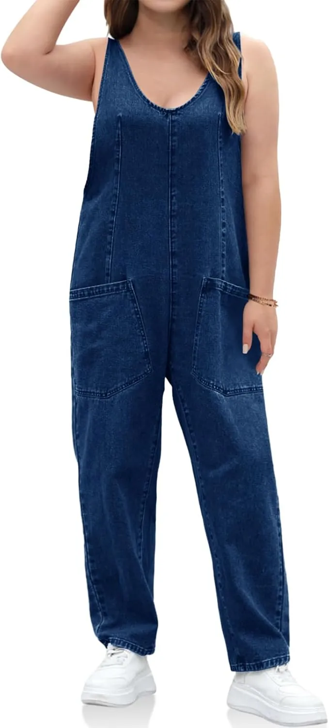 Beautife Womens Plus Size Denim Jumpsuits Casual Loose Sleeveless V Neck Jeans Overalls Jumpsuits