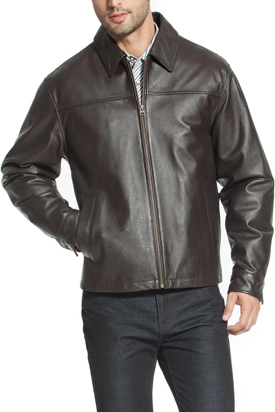 BGSD Men Greg Open Bottom Zip Front Leather Jacket (Also available in Tall)