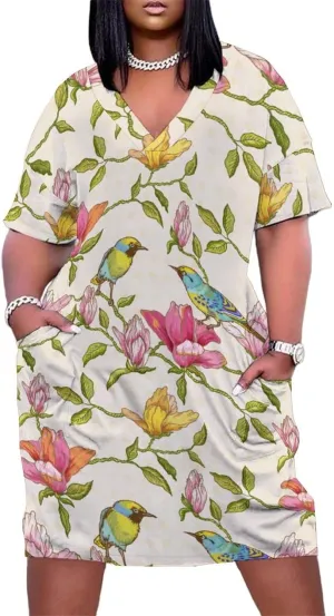 Bird Flower Midi Dresses Plus Size Womens Dress Casual Loose V Neck Short Sleeve T Shirt Dresse Sexy Pocket