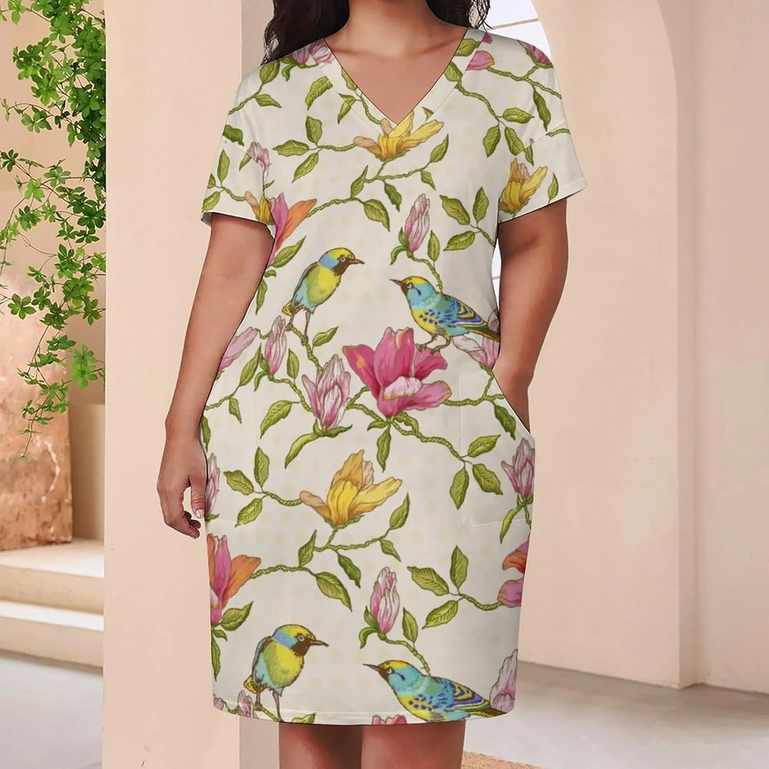 Bird Flower Midi Dresses Plus Size Womens Dress Casual Loose V Neck Short Sleeve T Shirt Dresse Sexy Pocket