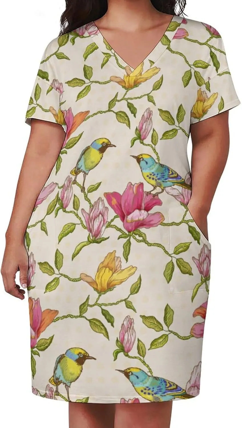 Bird Flower Midi Dresses Plus Size Womens Dress Casual Loose V Neck Short Sleeve T Shirt Dresse Sexy Pocket