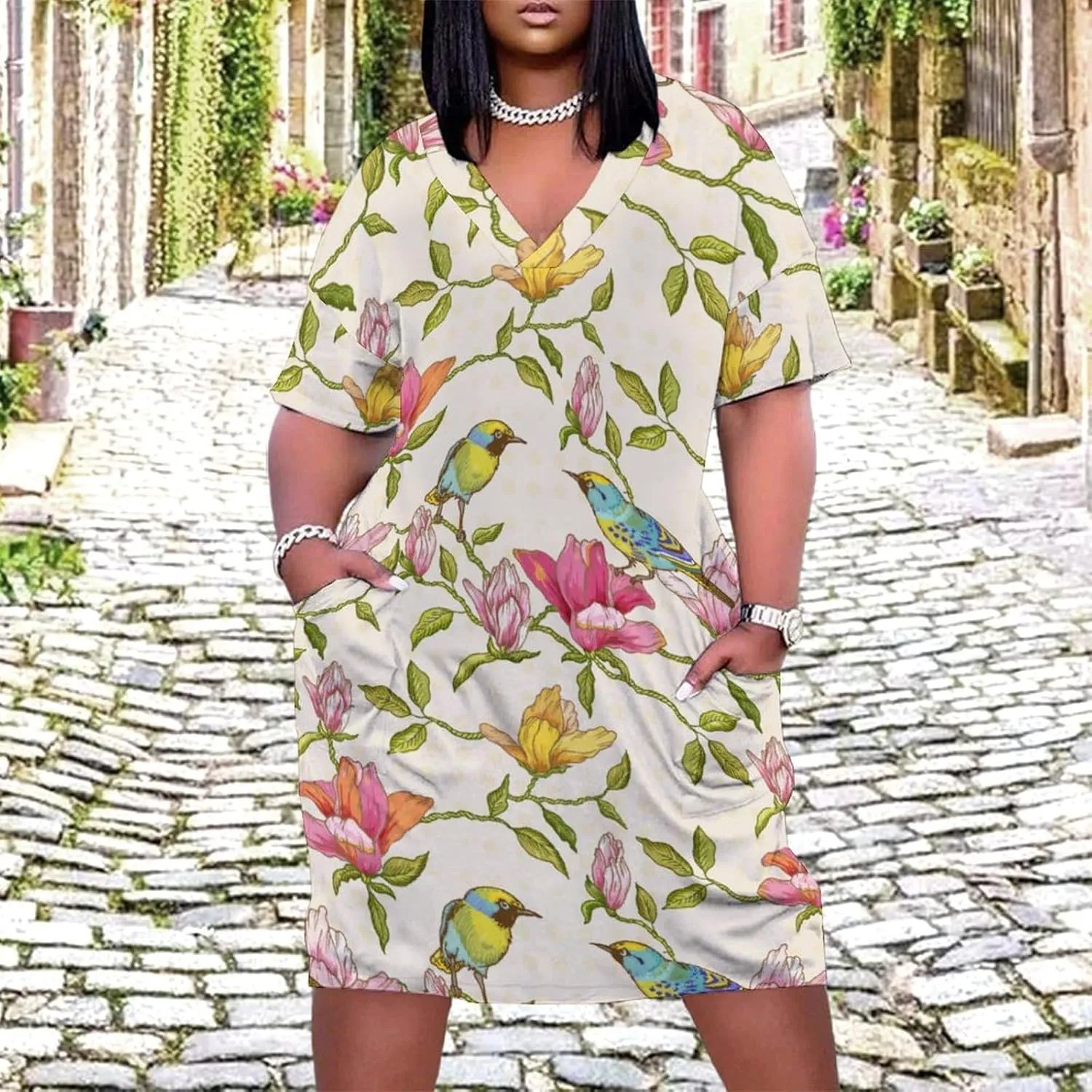 Bird Flower Midi Dresses Plus Size Womens Dress Casual Loose V Neck Short Sleeve T Shirt Dresse Sexy Pocket