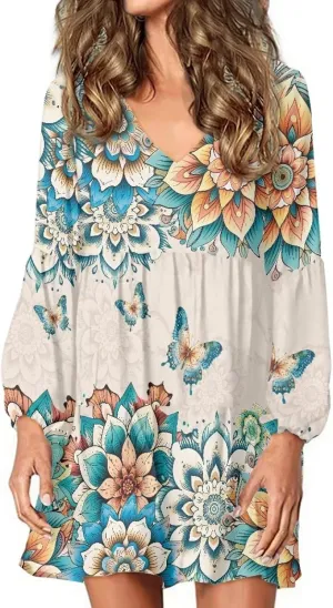 Biyejit Women Long Sleeve Tunic Dress V Neck Casual Loose Flowy Swing Dresses Plus Size S-4XL