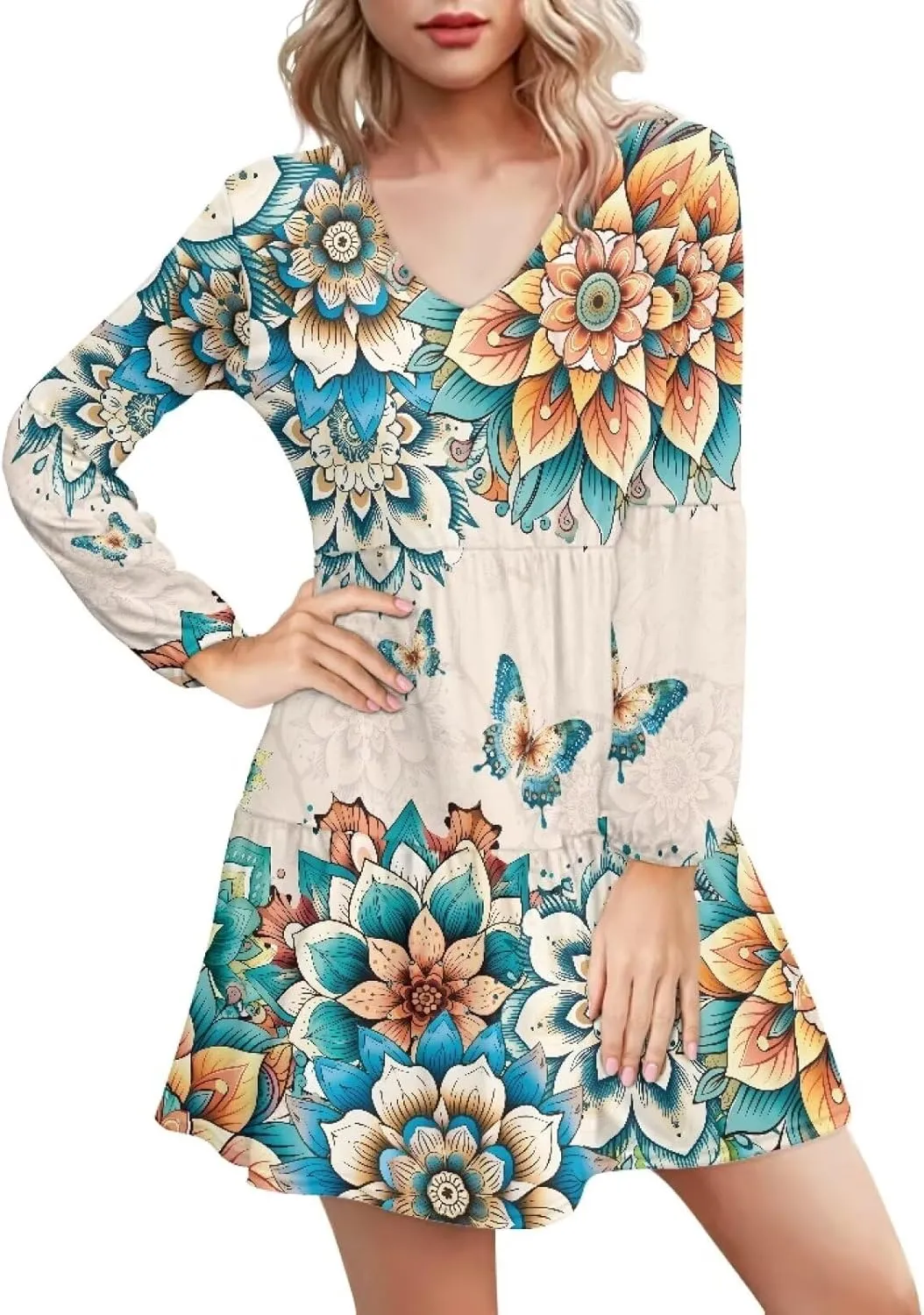 Biyejit Women Long Sleeve Tunic Dress V Neck Casual Loose Flowy Swing Dresses Plus Size S-4XL