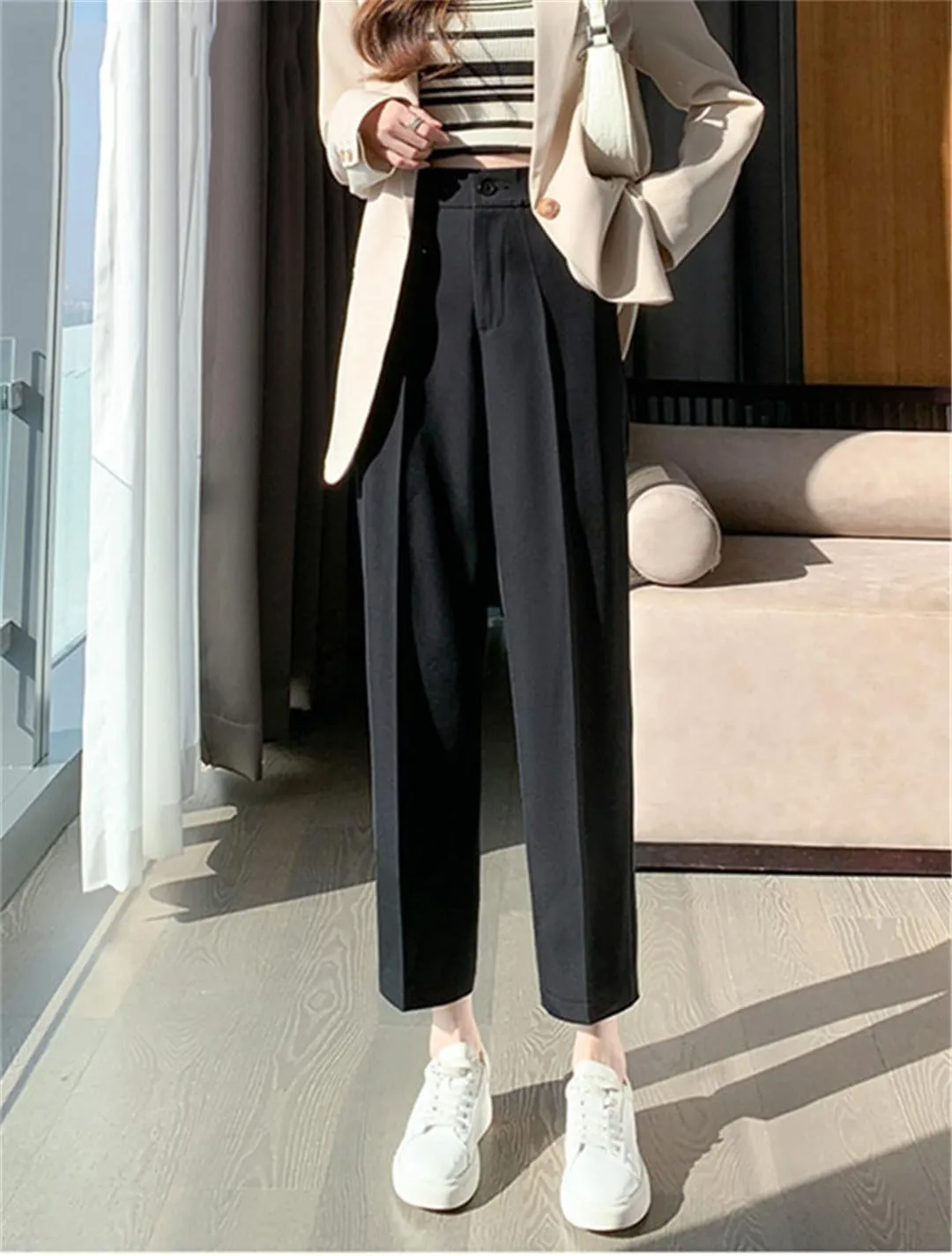 Black Suits Pants for Women High Waisted Casual Harem Pants Office Ankle Length Straight Pants