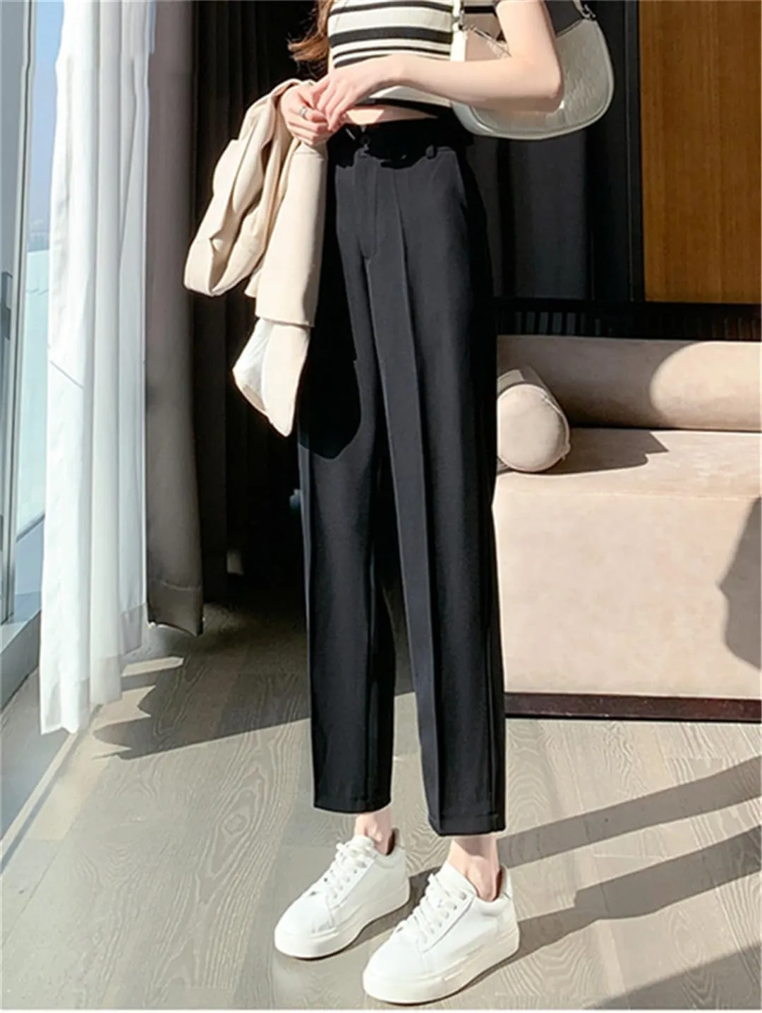 Black Suits Pants for Women High Waisted Casual Harem Pants Office Ankle Length Straight Pants