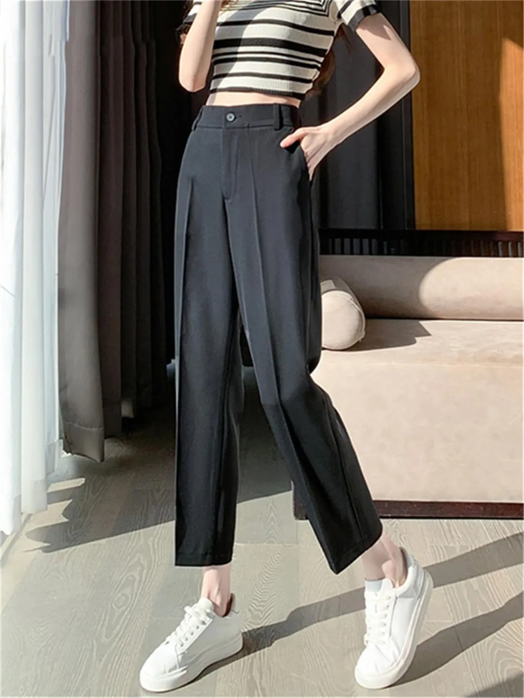 Black Suits Pants for Women High Waisted Casual Harem Pants Office Ankle Length Straight Pants