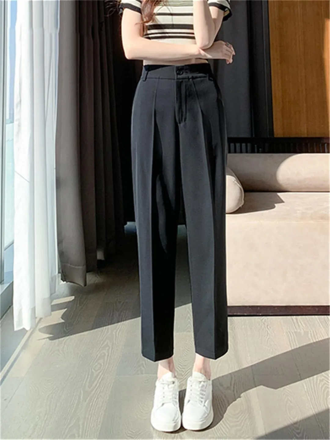 Black Suits Pants for Women High Waisted Casual Harem Pants Office Ankle Length Straight Pants