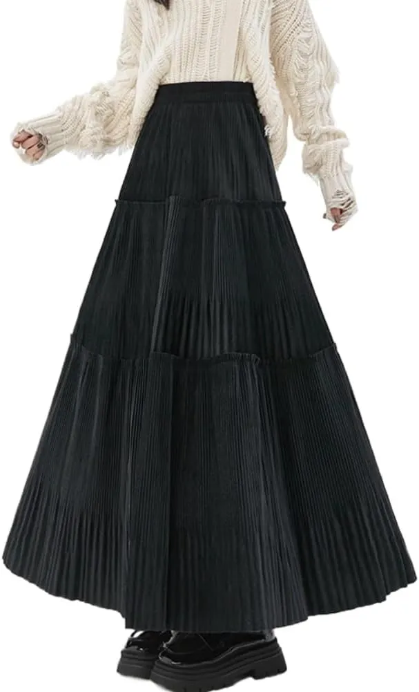 Black Thickened Pleated Skirt for Women Autumn and Winter Waist Slimming Corduroy Large Long