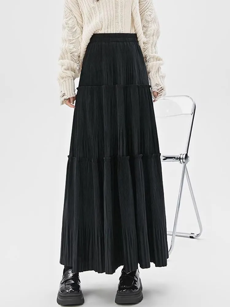 Black Thickened Pleated Skirt for Women Autumn and Winter Waist Slimming Corduroy Large Long